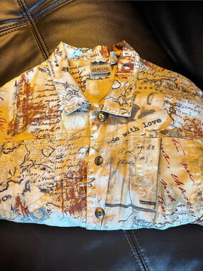 CHICO'S Postcard Script Linen Cotton Jacket Yellow & creamy little brown. Size 1